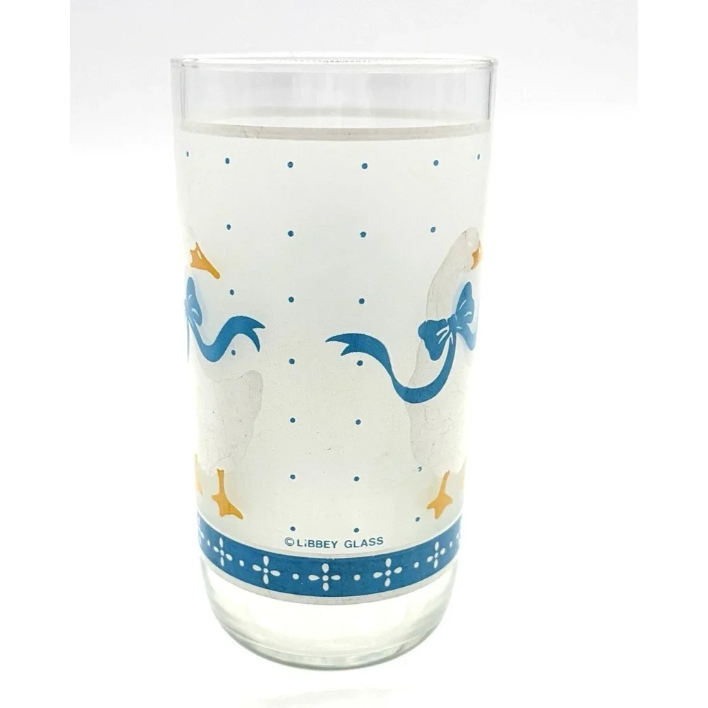 Libbey Frosted Drinking Glass Goose Duck Blue Ribbons Cottagecore Whimsy Vintage